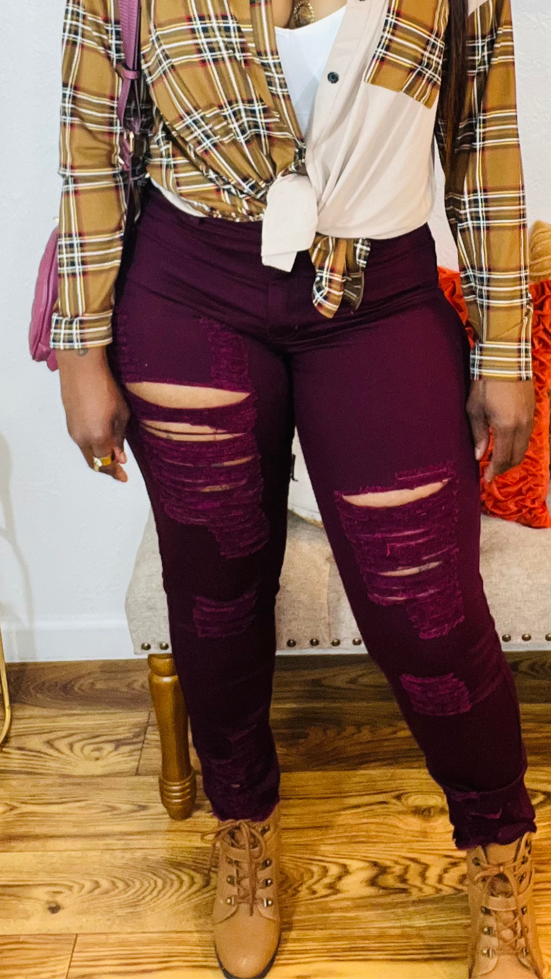 Distressed Jeans (Burgundy)